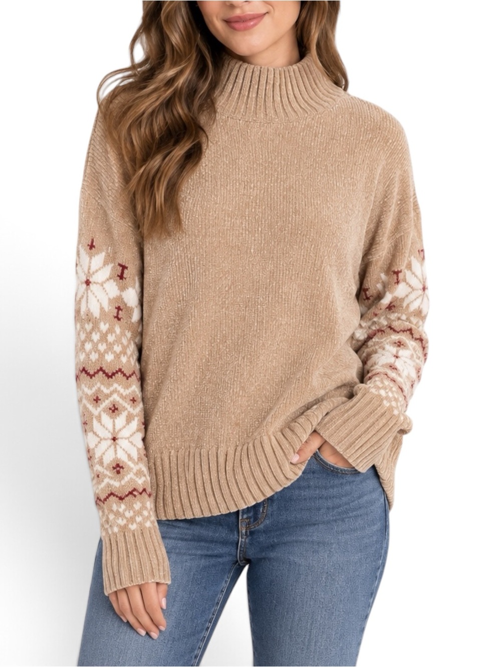 Christian Siriano Sweater M NWT Fair Isle Chenille Mock Neck Tan Nordic